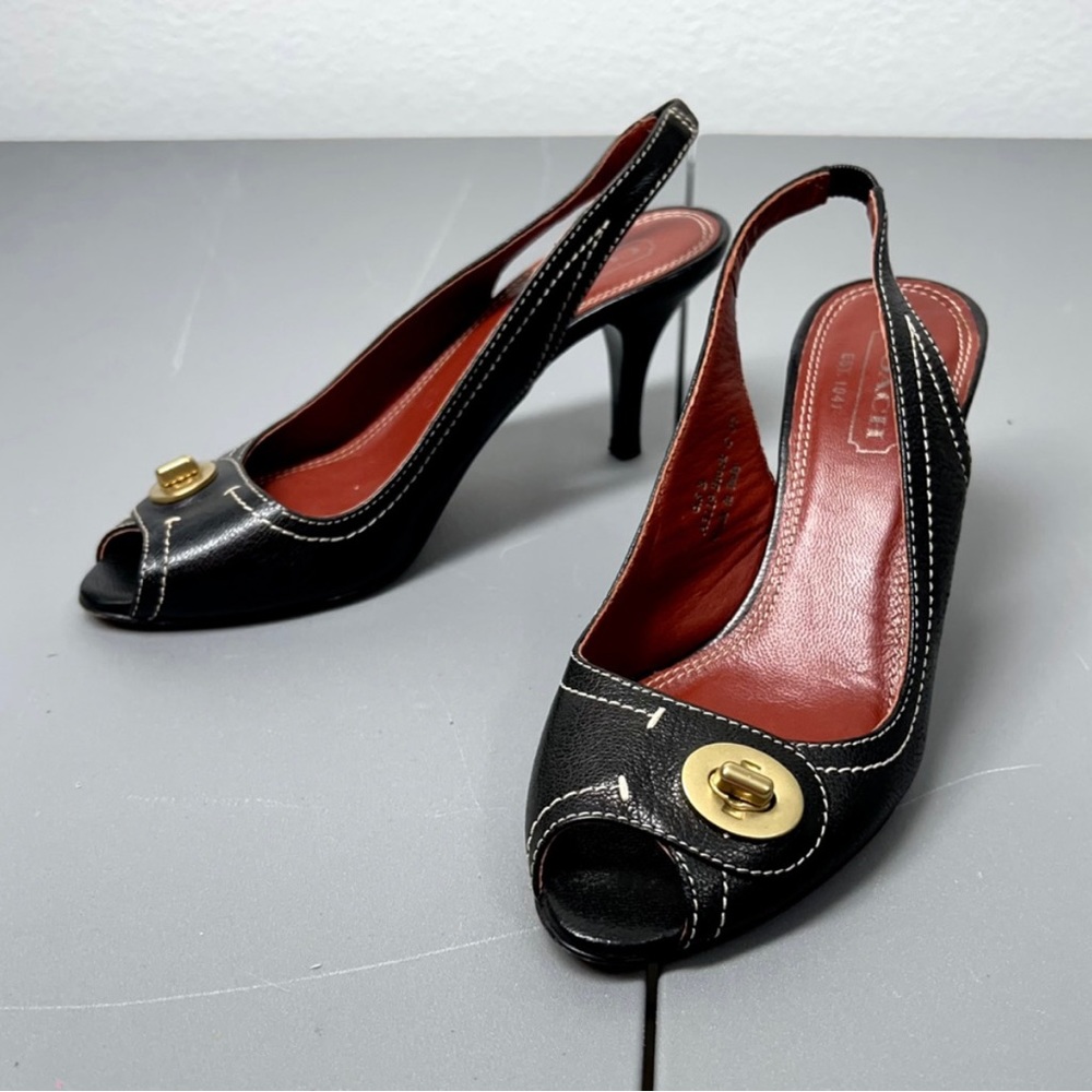 Coach Heels Women 6.5 B Black Peeptoe Kitten Heel Slingback